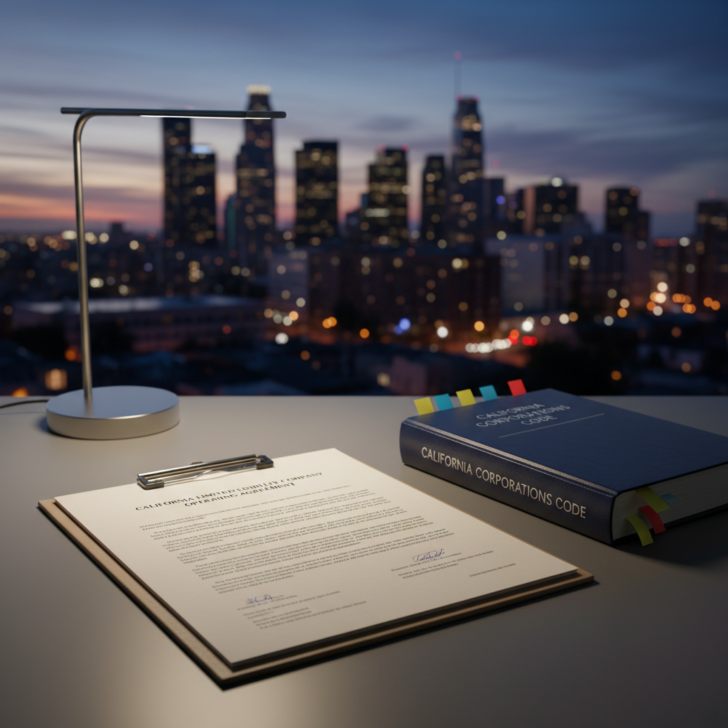 An elegant close-up of a meticulously drafted California LLC operating agreement spread across a smooth, charcoal-gray desk, pages clipped with a brushed steel binder clip. A finely textured, navy-blue hardcover business law book labeled “California Corporations Code” lies open beside it, with color-coded sticky flags marking important provisions. A minimalist glass desk lamp casts soft, focused warm light, creating crisp yet gentle shadows. In the blurred background, a city skyline at twilight glows through a large window. Photographic realism, slightly elevated angle, with a clean, modern mood emphasizing precision, trust, and clarity in business law documentation.