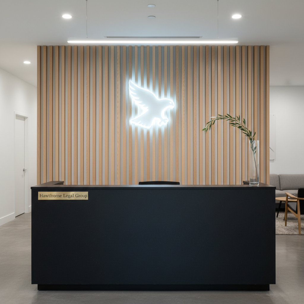 A minimalist, high-end reception desk in a boutique business law firm, featuring a matte black surface with a subtle texture, a small brushed-brass nameplate engraved “Hawthorne Legal Group,” and a single, architectural glass vase holding a simple green branch. Behind, a wall of vertical oak slats incorporates a backlit, abstract hawk emblem in frosted glass. Clean, cool-white overhead lighting creates soft, even illumination with delicate shadows between the slats. Photographic realism, centered composition with a symmetrical, eye-level perspective, projecting professionalism, stability, and a modern California aesthetic for growing companies seeking legal counsel.