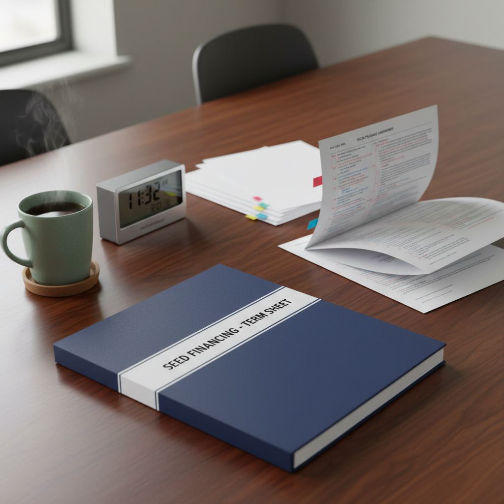 A detailed tabletop scene showing a carefully arranged set of transactional deal materials: a bound term sheet labeled “Seed Financing,” a redlined draft of a stock purchase agreement with visible tracked changes, and a neat stack of signature pages with discreet sticky tabs. A slim, brushed-aluminum desk clock shows late morning, while a muted green ceramic mug of tea rests on a cork coaster nearby. Natural overcast light from an unseen window creates soft, diffused illumination and gentle shadows. Photographic realism from a slightly elevated angle, with a calm, focused, professional mood highlighting the nuances of business transactions.
