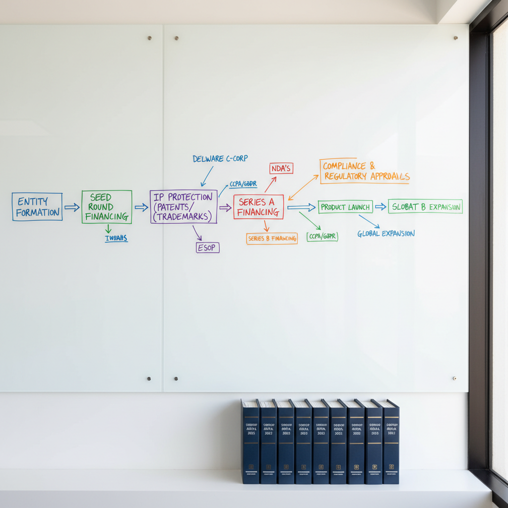 A sleek whiteboard wall in a modern legal office, covered with a carefully drawn startup timeline: entity formation, financing rounds, IP protection, and compliance milestones, all written in precise handwriting with color-coded arrows and boxes. At the base of the wall sits a neat row of closed case binders labeled with different startup clients and years. Soft daylight from a side window creates a bright, even illumination with minimal shadows, giving the scene a sharp, analytical feel. Photographic realism from a straight-on, wide-angle perspective, emphasizing strategy, structure, and organized growth for California startups.