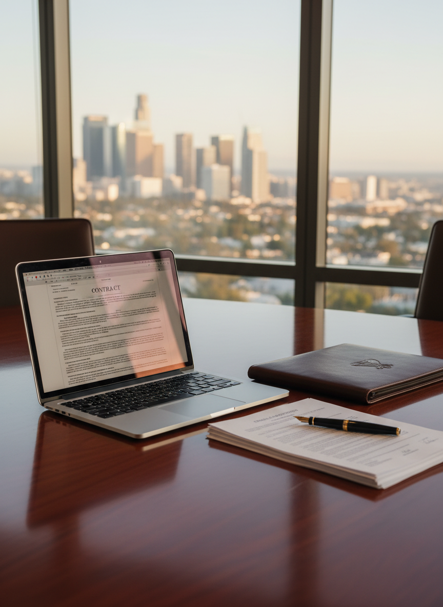 A polished mahogany conference table neatly arranged with an open silver laptop displaying a complex business contract, a stack of organized legal documents with visible section headings, a black fountain pen, and a slim leather portfolio embossed with a discrete hawk emblem. The setting is a modern corner office high above a California cityscape, visible as a soft bokeh through floor-to-ceiling glass. Late afternoon natural light floods in, creating gentle reflections on the laptop and subtle shadows along the paper edges. Photographic realism, shot at eye level with a shallow depth of field, conveys a calm, professional atmosphere suited to serious business law counsel.